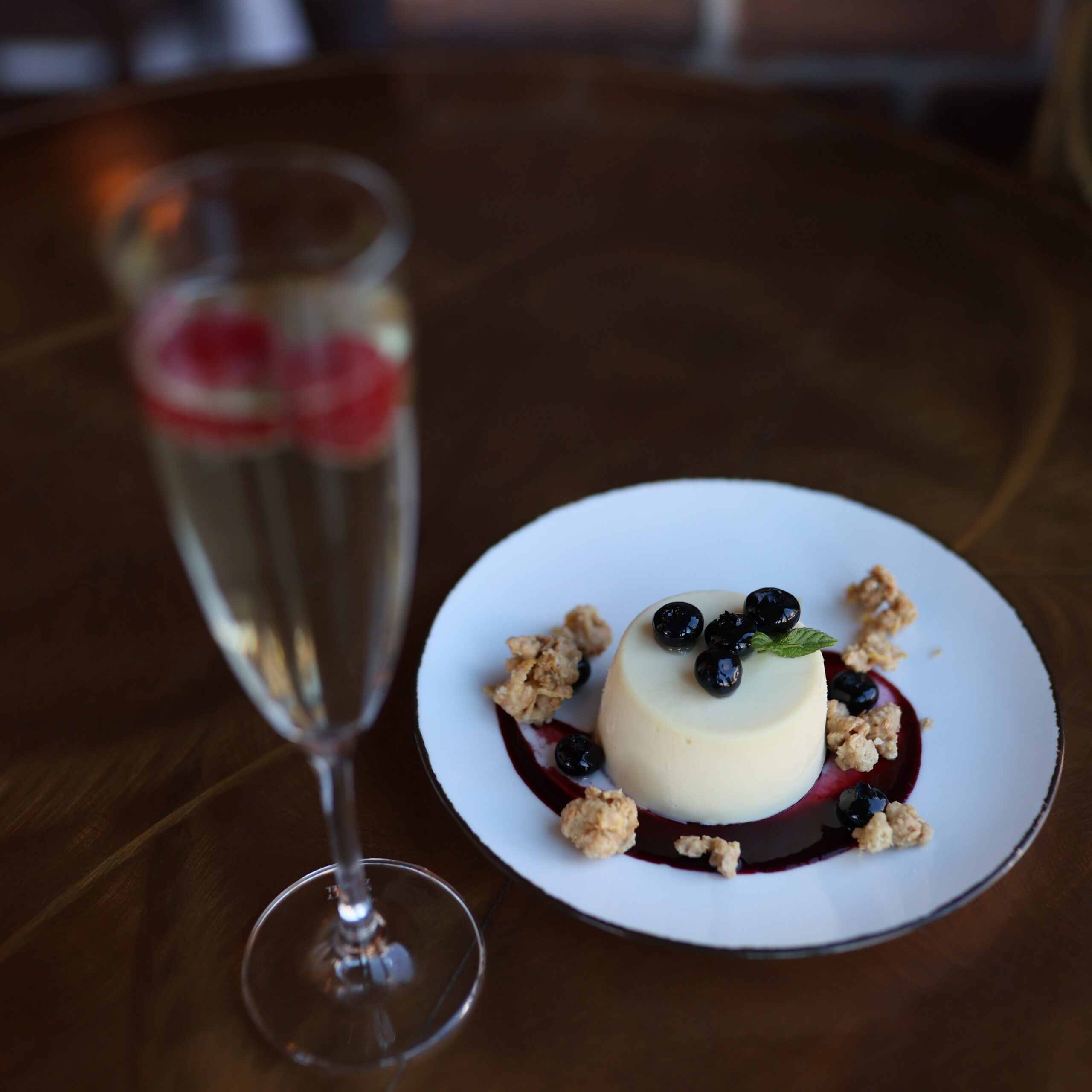 Hospitality food photography of dessert and sparkling wine