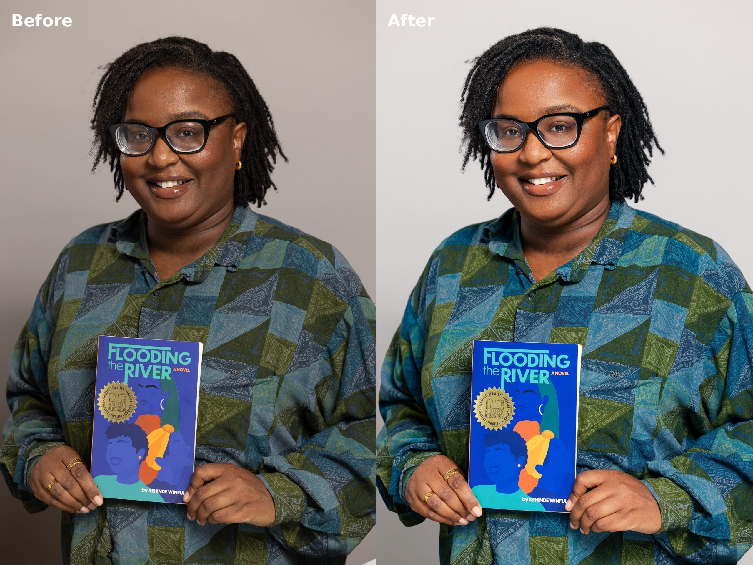 Before and after AI-assisted professional headshot refinement example one