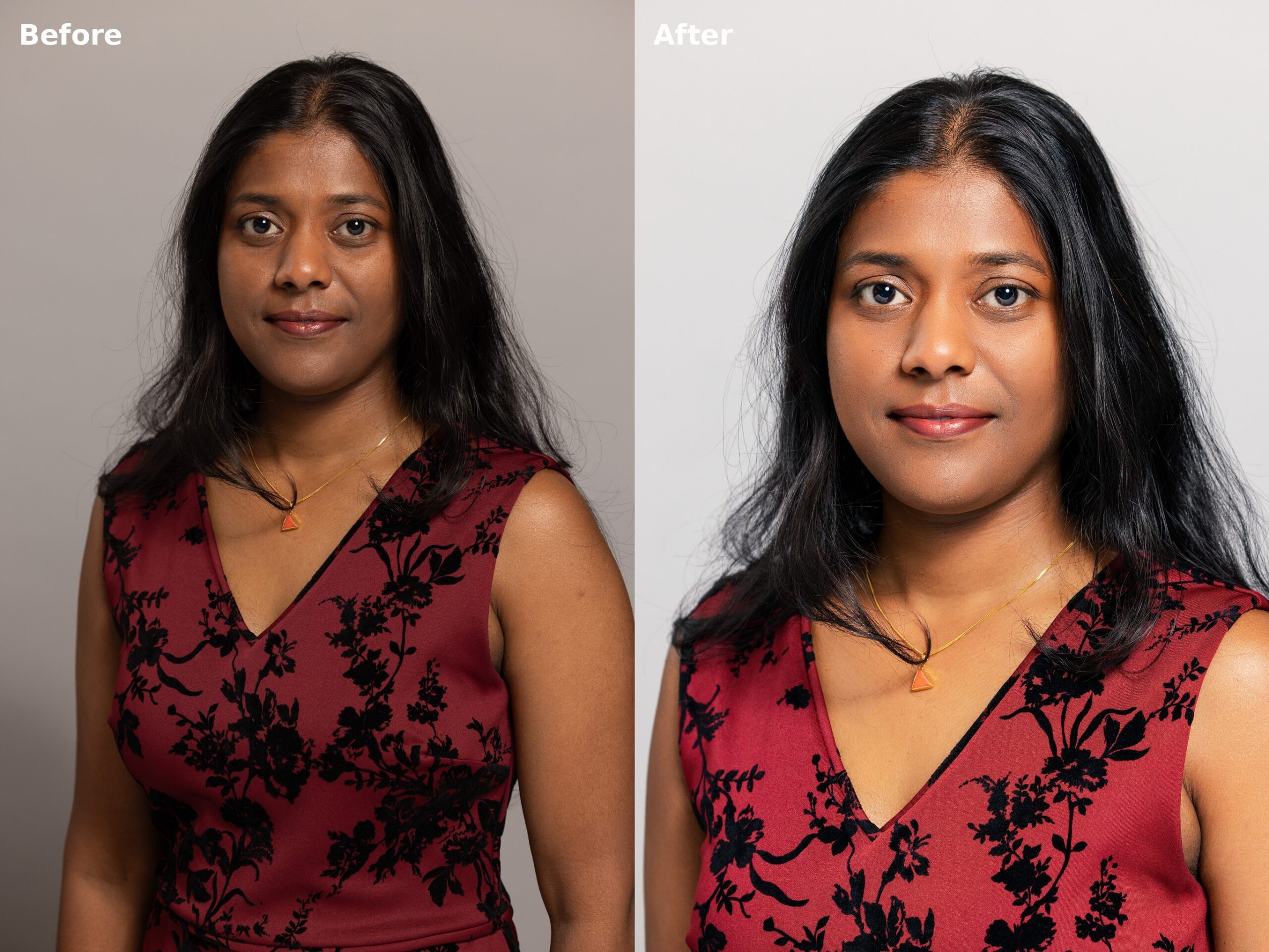 Before and after AI-assisted professional headshot refinement example two