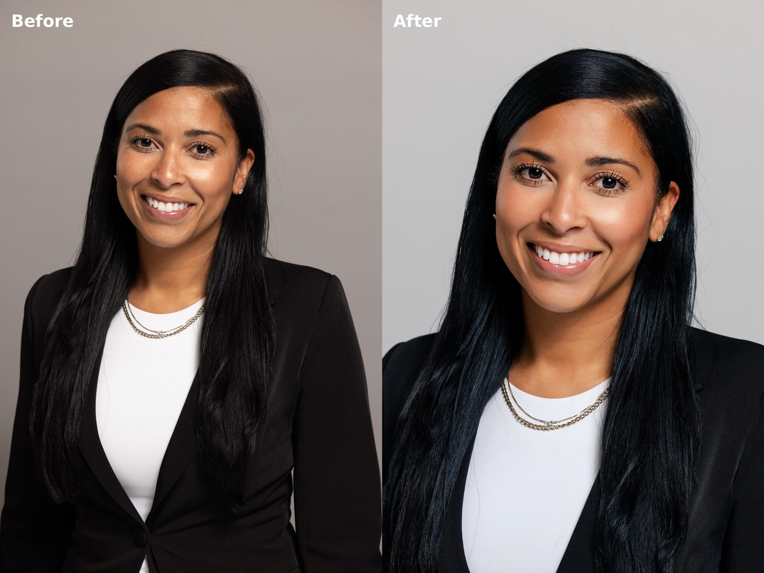 Before and after AI-assisted professional headshot refinement example three