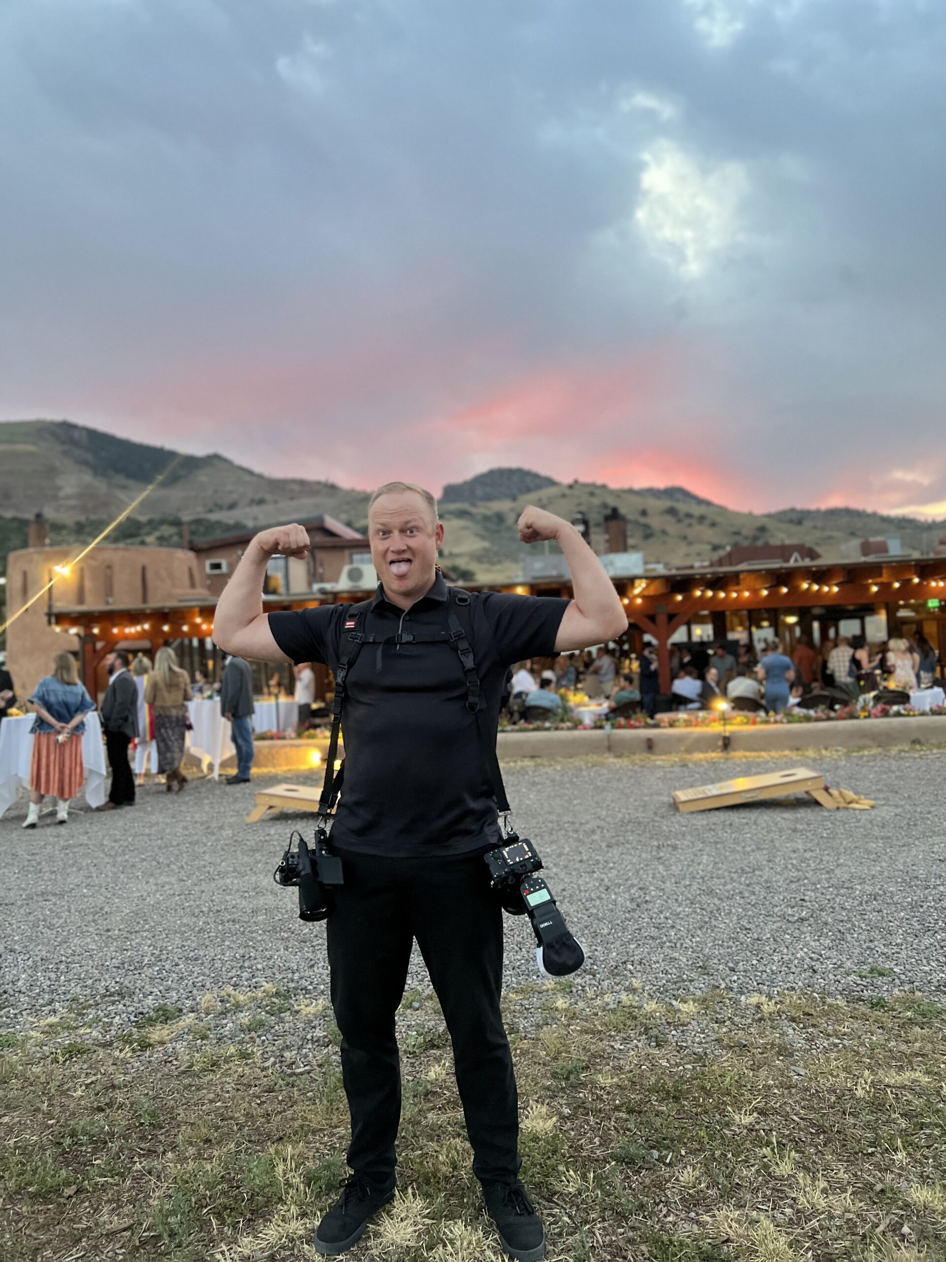 Devin celebrating between shoots at an outdoor event